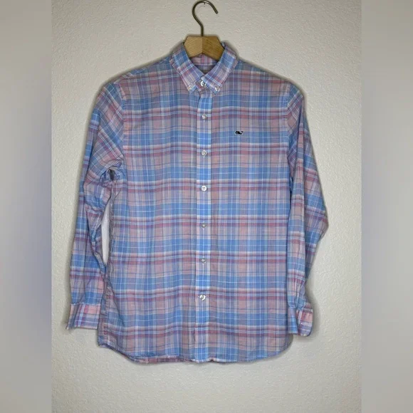 Boys Vineyard Vines Whale Shirt Medium 12-14 Pastel Plaid Button Down Cotton - Picture 2 of 8